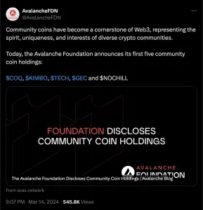 Avalanche Foundation announces possession of 5 types of meme coins